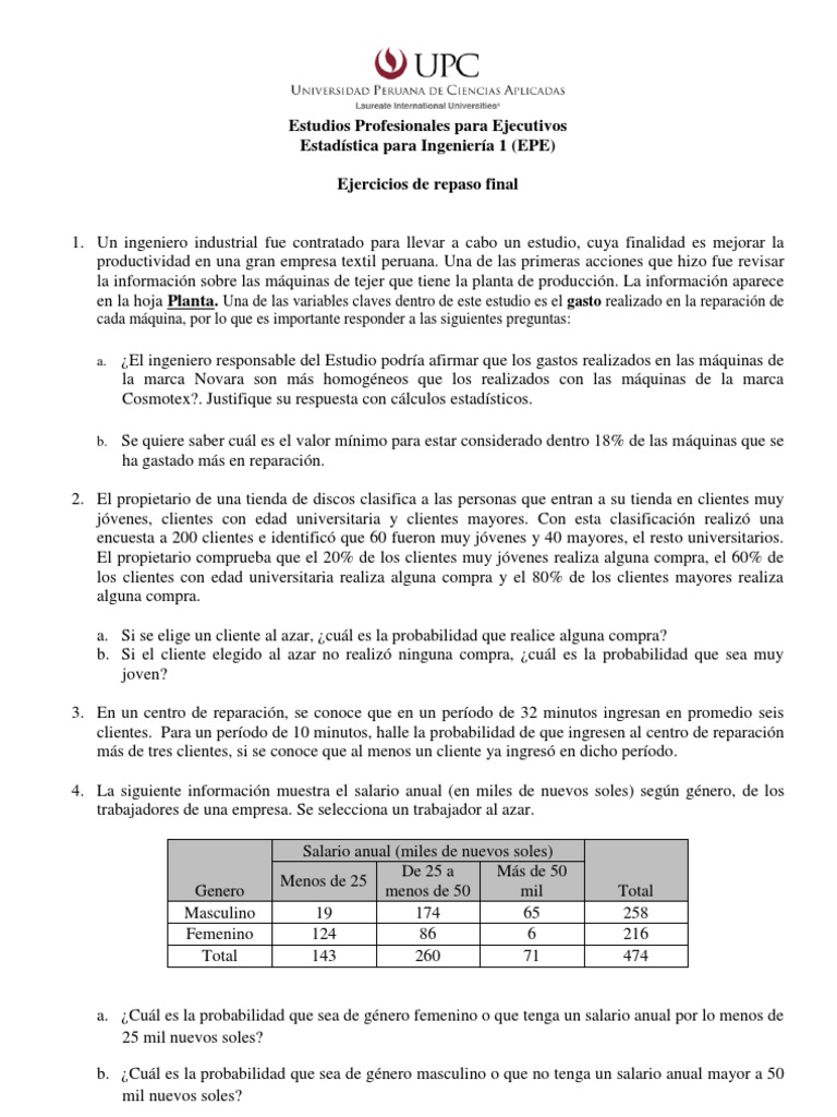 Problemas de Repaso Examen Final | PDF | Probabilidad | Ingeniería