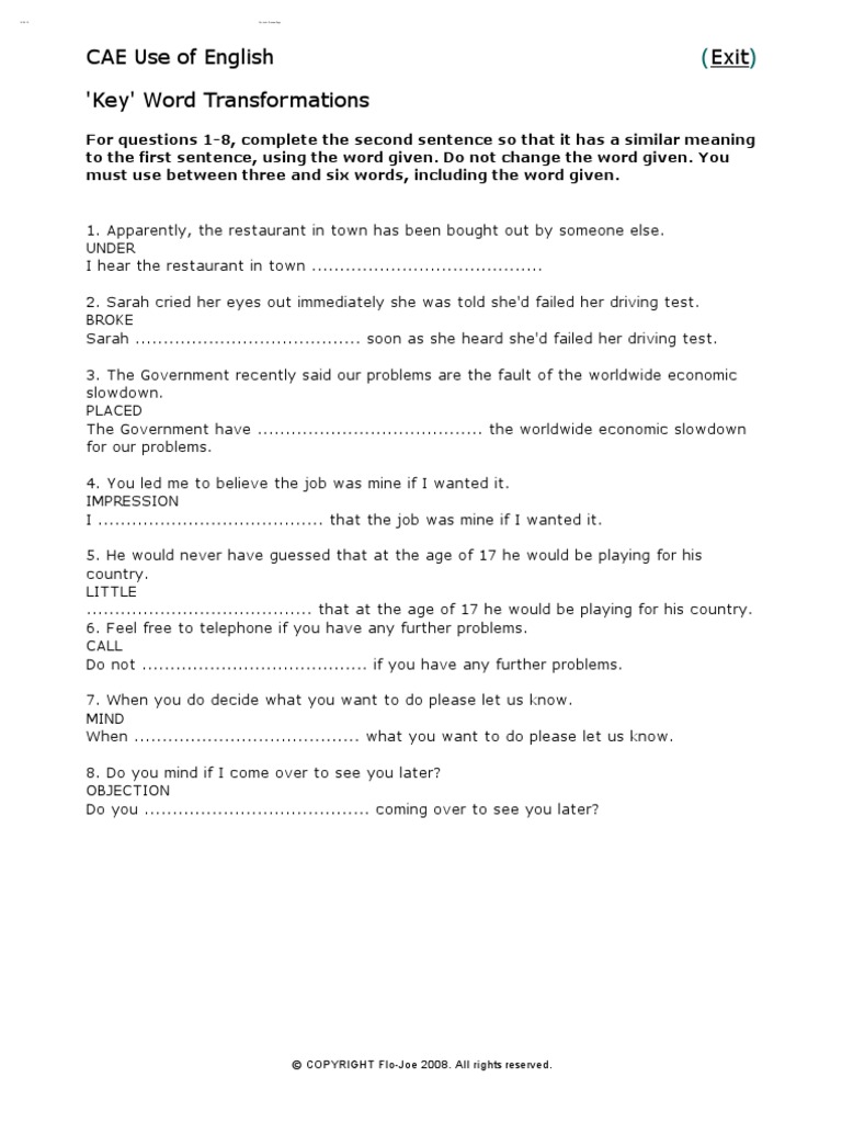 CAE Use of English Exit 'Key' Word Transformations | PDF