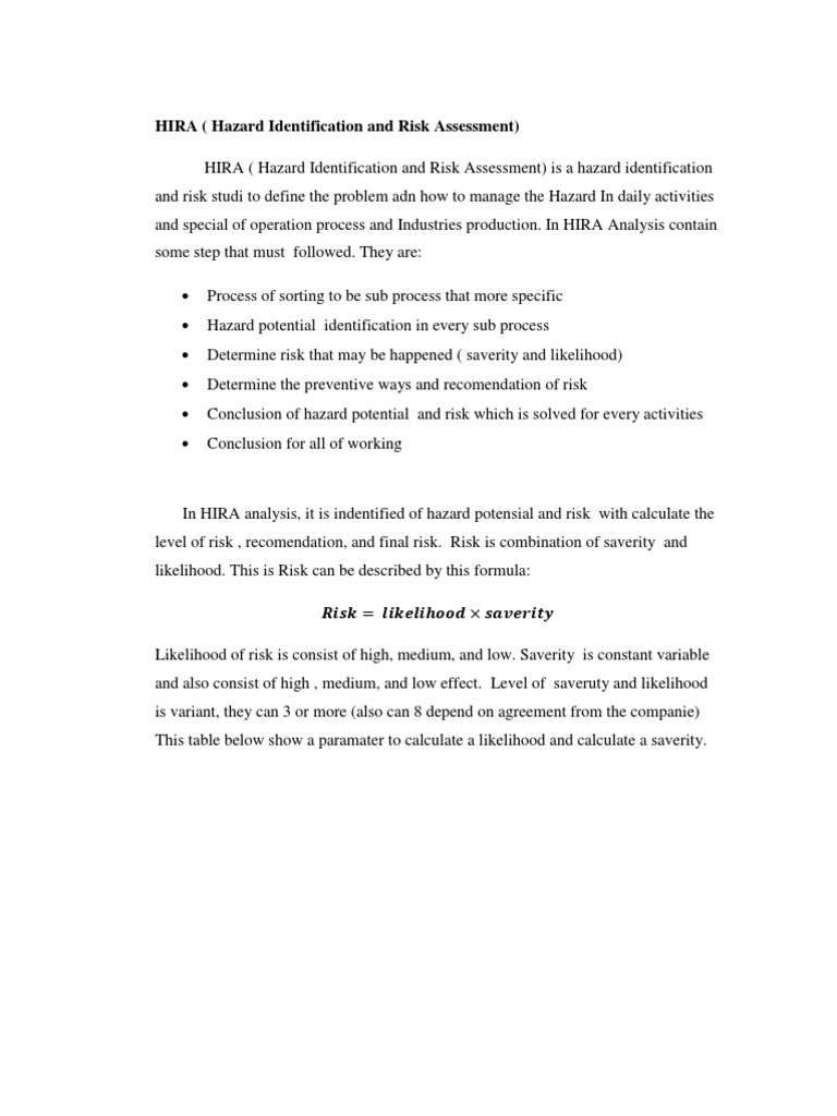 HIRA (Hazard Identification and Risk Assessment) PDF Risk Risk