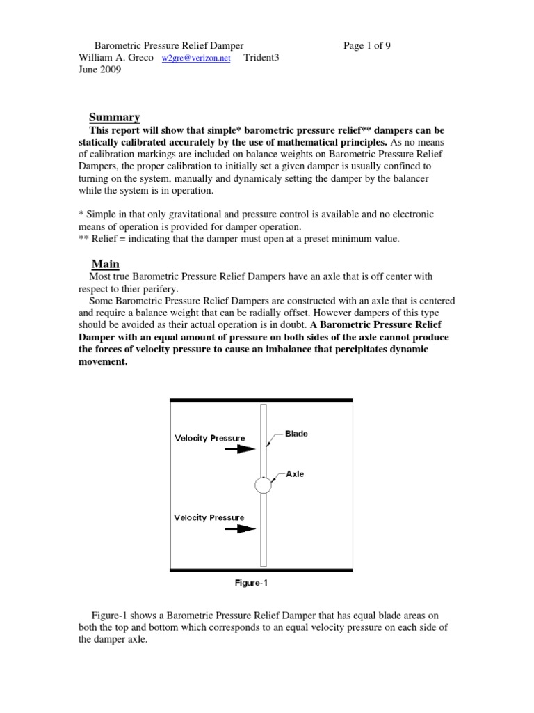 HVAC Barometric Pressure Relief Damper Force Area