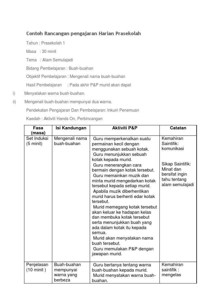 Rancangan Pengajaran Harian Prasekolah Bertema