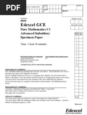 Edexcel Gce Mathematics Core C1 To C4 Specimen Qp Ms Test Assessment Tangent