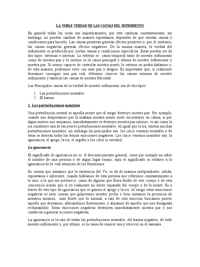 La Noble Verdad de Las Causas Del Sufrimiento PDF Sufrimiento Karma