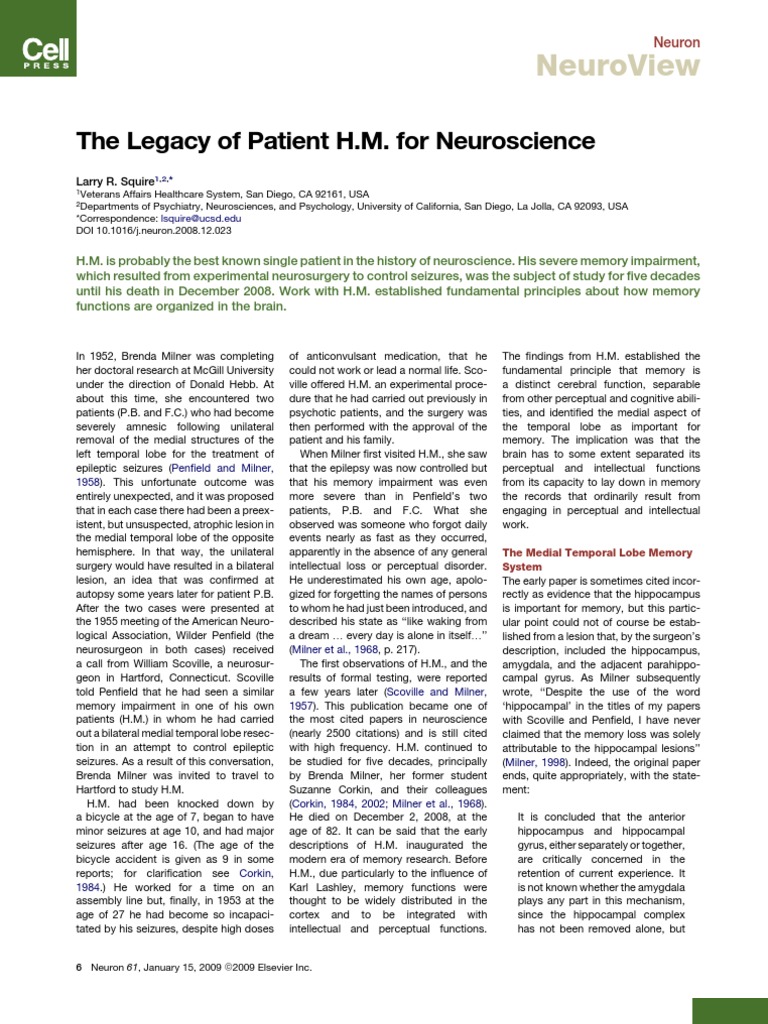 The Legacy of Patient H.M. For Neurocience | PDF | Hippocampus | Amnesia