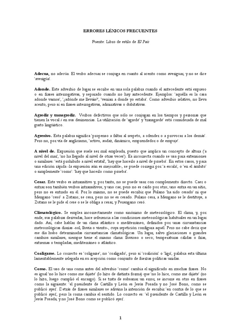 Errores léxicos comunes y correcciones | PDF | Lengua española | Verbo