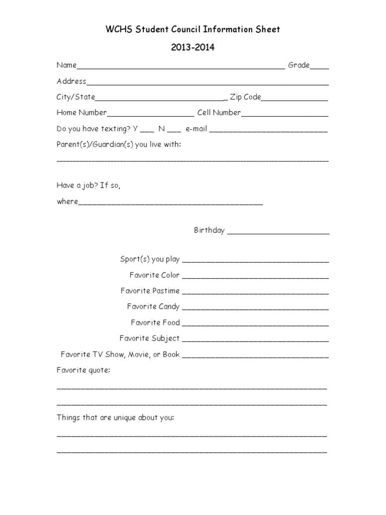 WCHS Student Council Profile Form | PDF