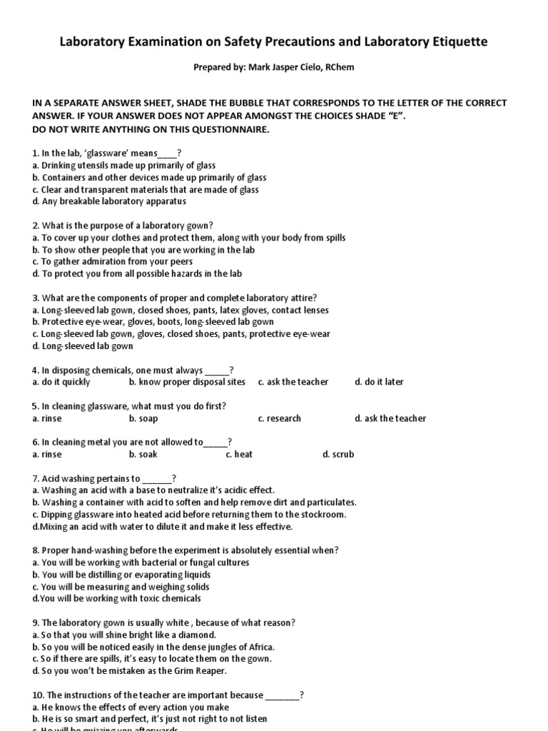 Safety Precautions and Laboratory Etiquette EXAM Laboratories Volume