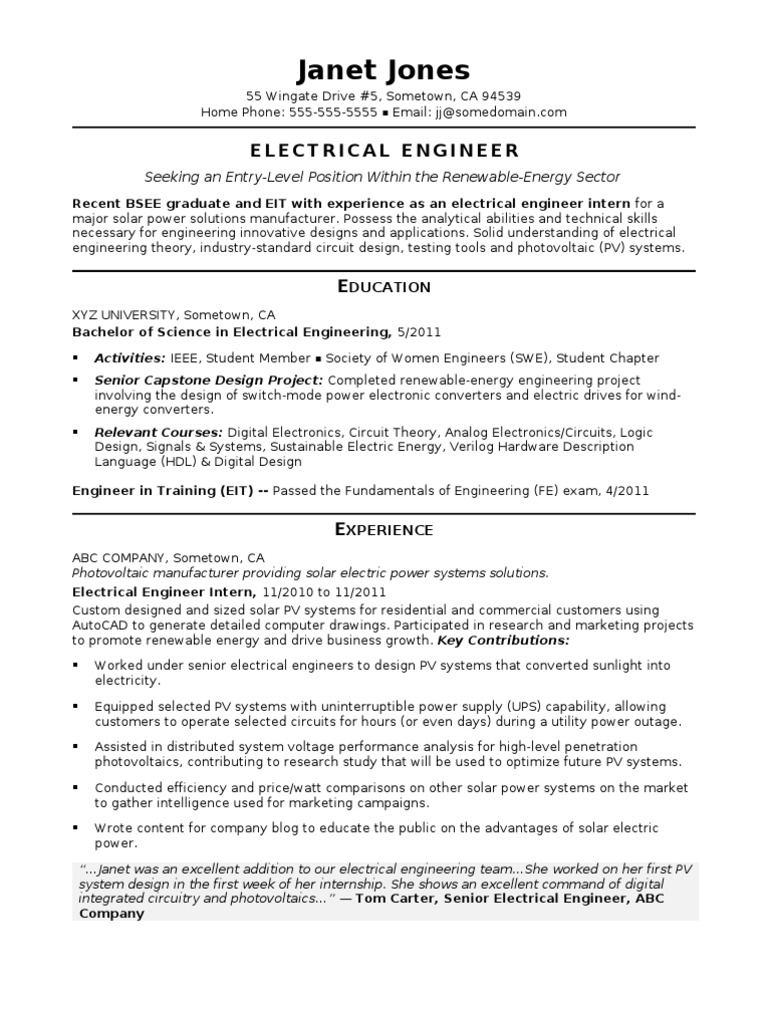 Sample Resume Electrical Engineer Entry Level Photovoltaics