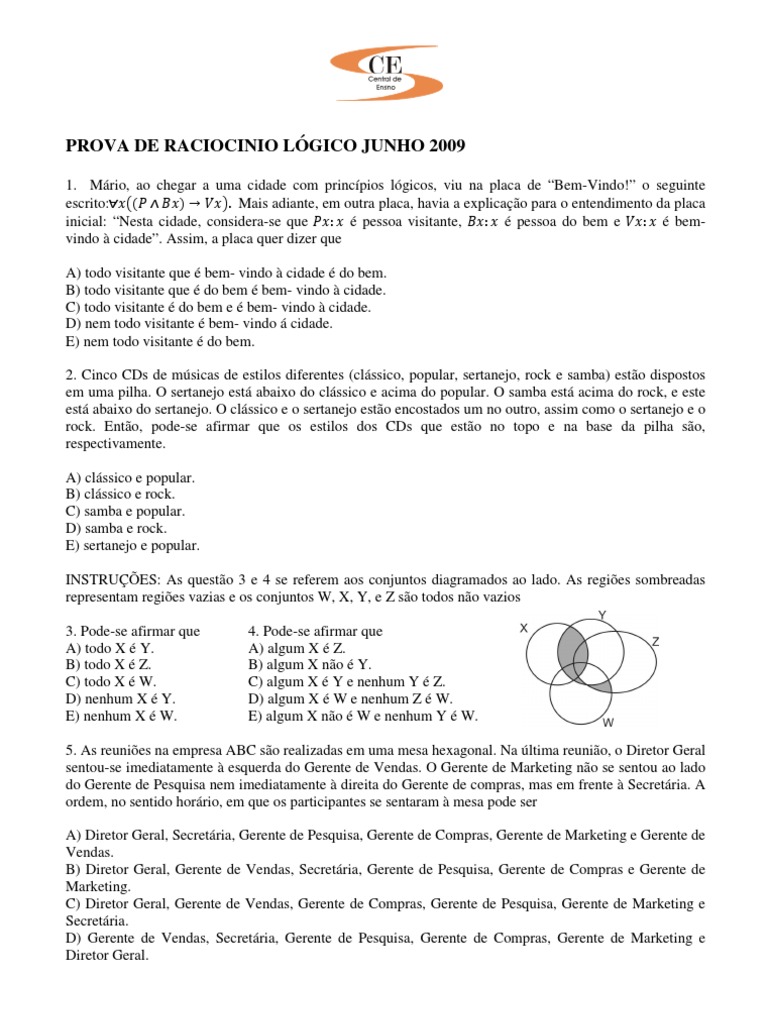 Prova de Raciocínio Lógico 2009 | PDF | Apóstolo Paulo | Lógica