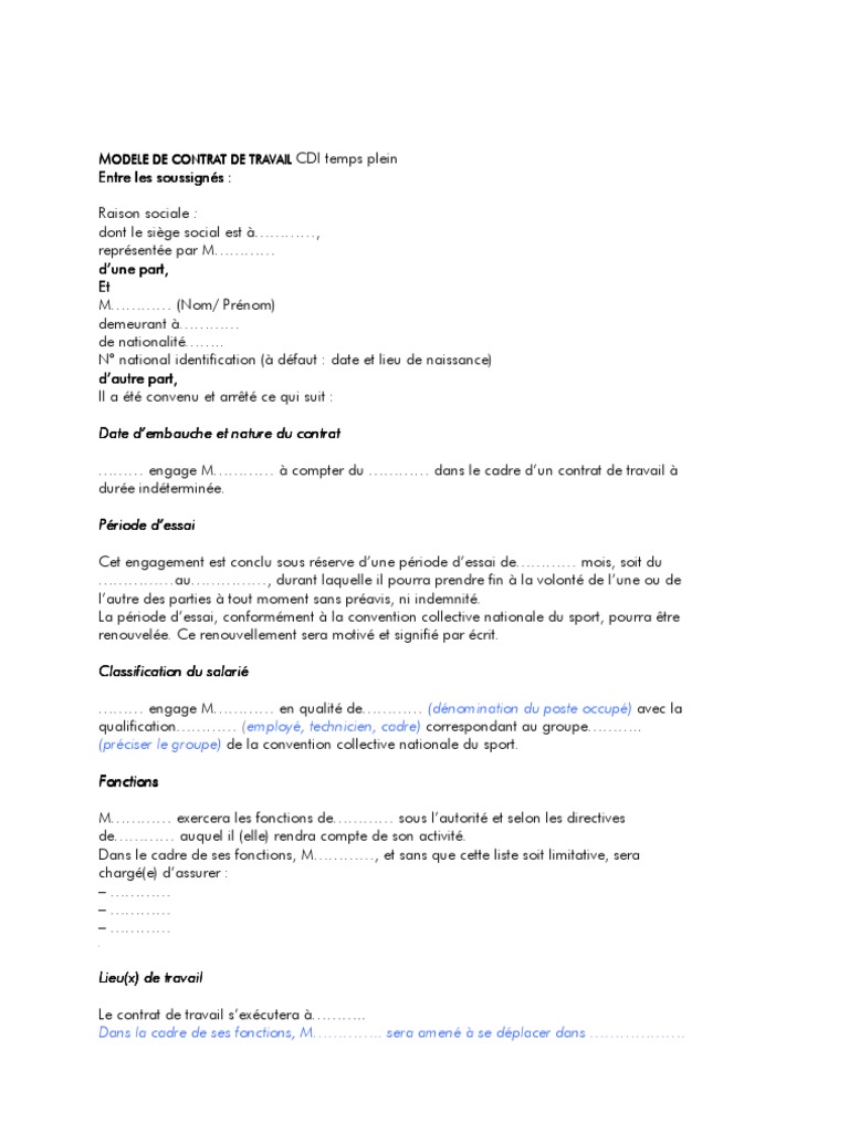Modele Contrat De Travail Cdd Restauration Gratuit