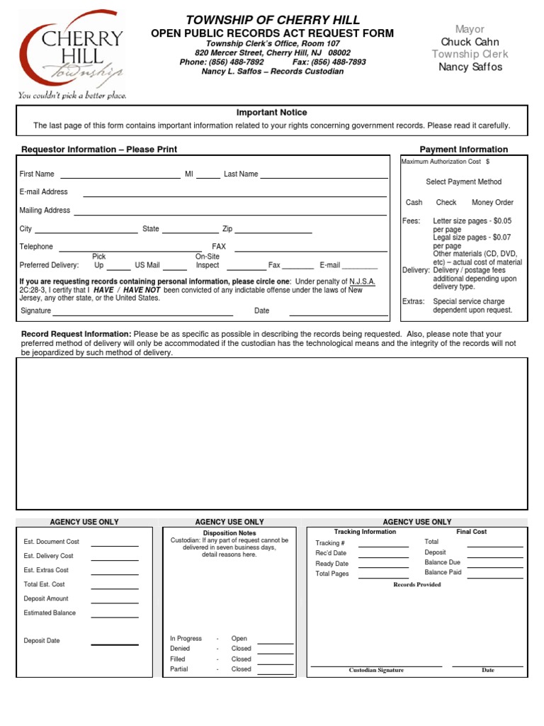 Cherry Hill OPRA Form PDF Discovery (Law) Computer Security