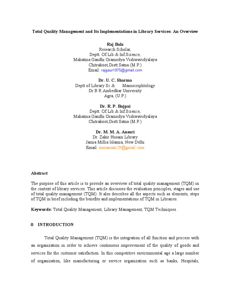 TQM Implementation in Library Services | PDF | Quality Management ...