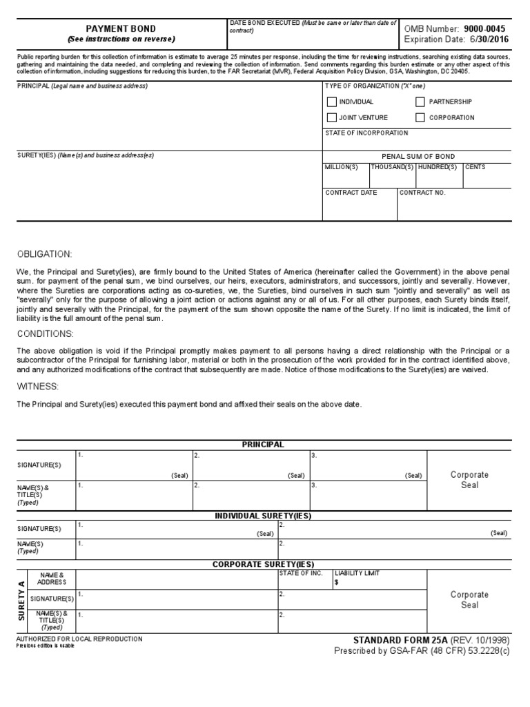 Sf 25a 98 Payment Bond Surety Bond Business Law
