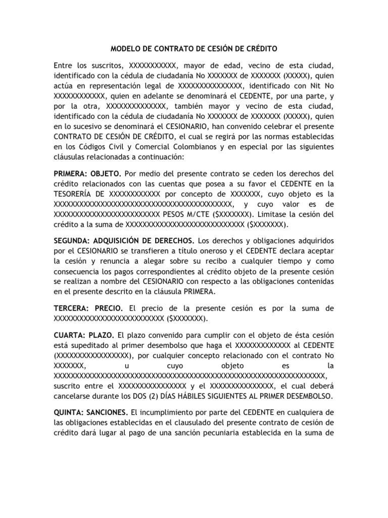 Modelo de Contrato de Cesion de Credito en Colombia | PDF | Asignación  (Ley) | Justicia