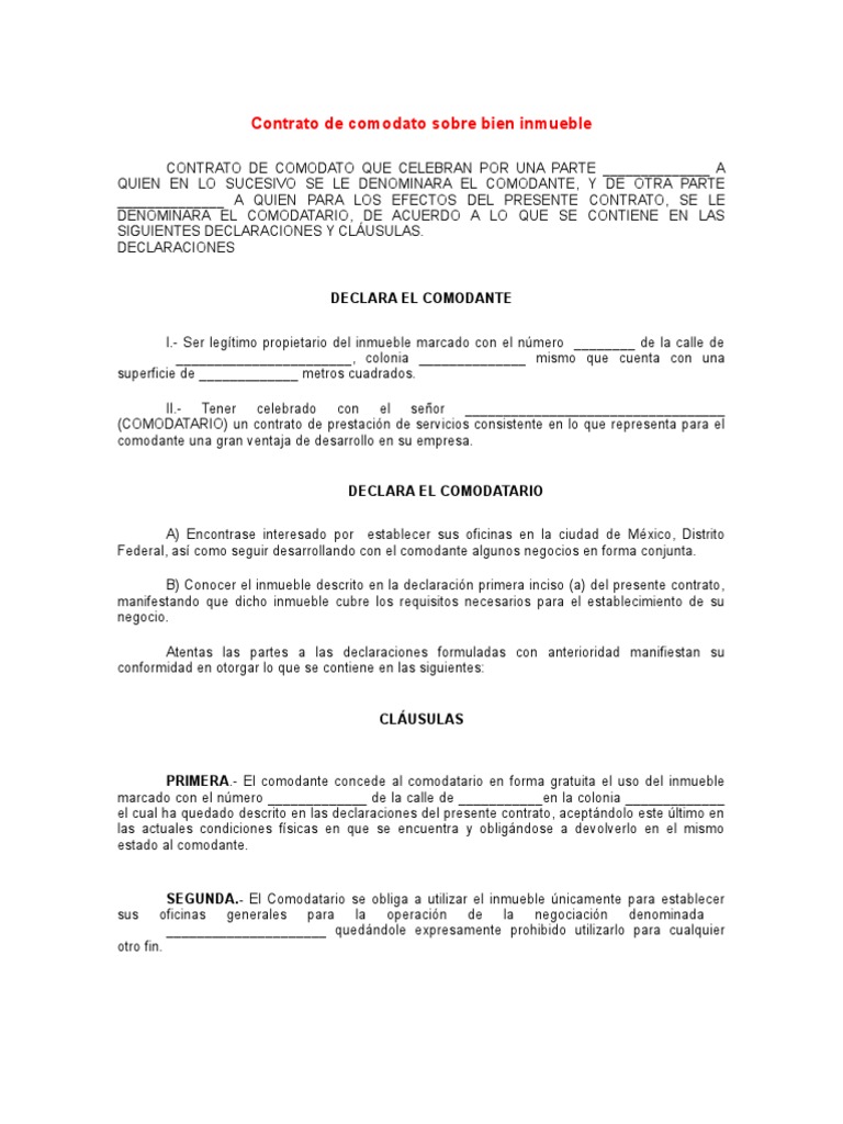 Contrato de Comodato Sobre Bien Inmueble | PDF | Desempleo | Ciencias  sociales
