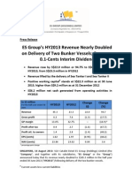 Catalist-Listed ES Group HY2013 Revenue Nearly Doubled On Delivery of Two Bunker Vessels Proposes 0.1-Cents Interim Dividend