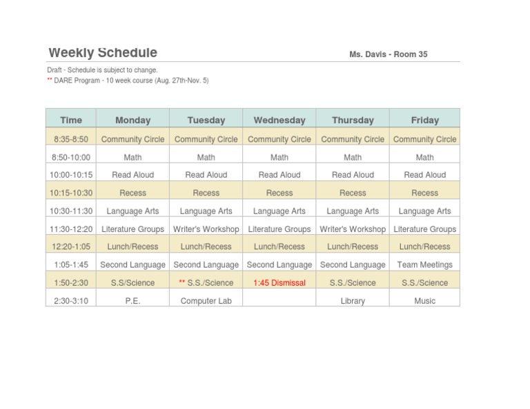 Weekly Class Schedule | PDF | Language Arts & Discipline