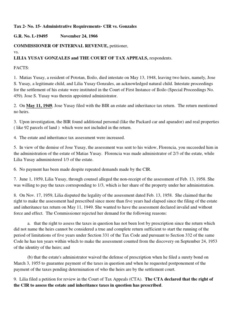 Tax 2 CIR vs. Gonzales PDF Estate Tax In The United States Inheritance