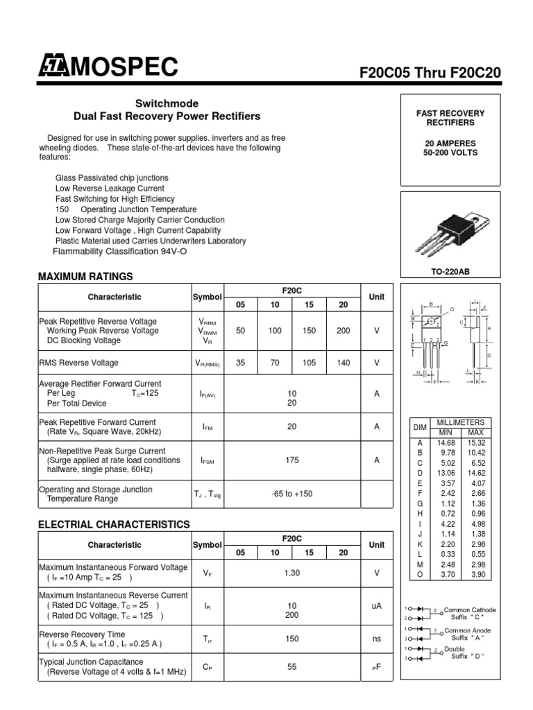F20C Series Fast Recovery Rectifiers | PDF