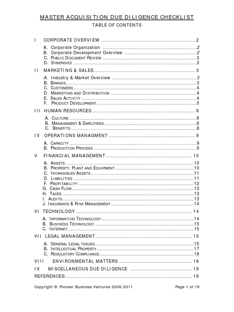 Master Acquisition Due Diligence Checklist PDF Due Diligence