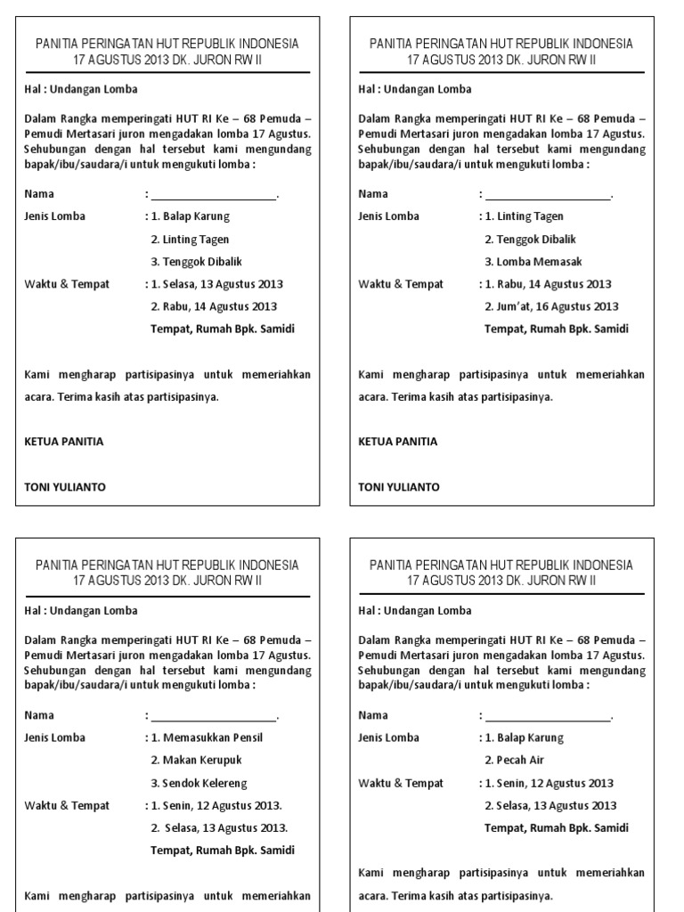 550 Koleksi Contoh Surat Undangan Lomba Agustusan Gratis