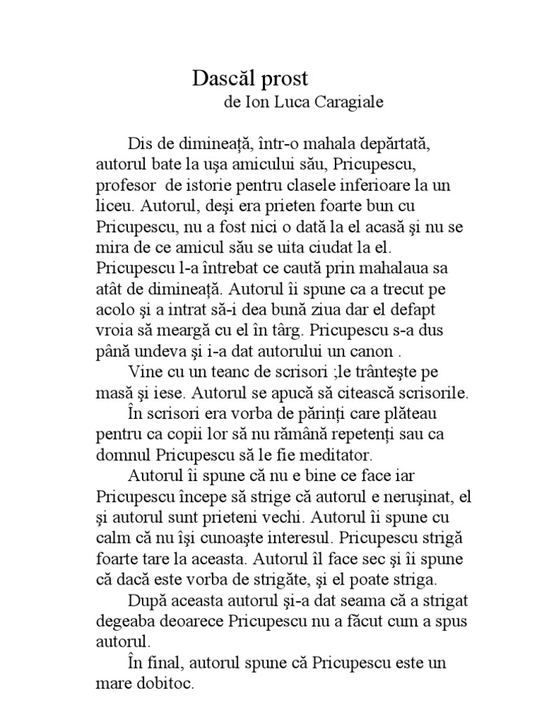 Dascal Prost de Ion Luca Caragiale Rezumat | PDF