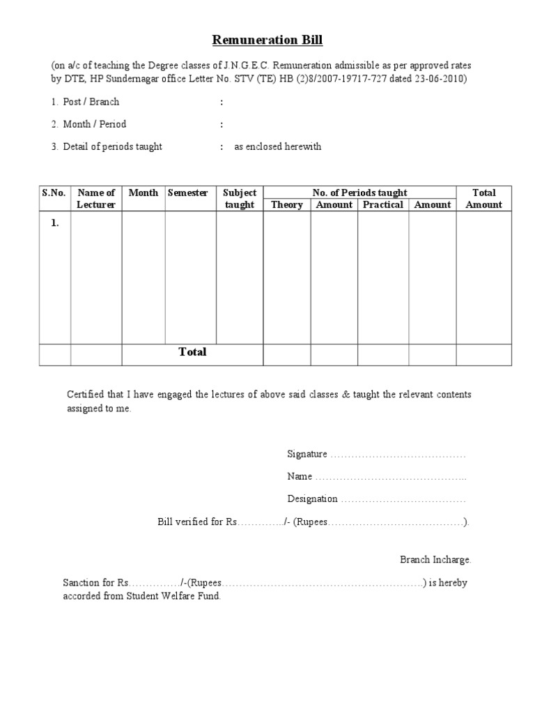 Remuneration Bill for Teaching Services | PDF
