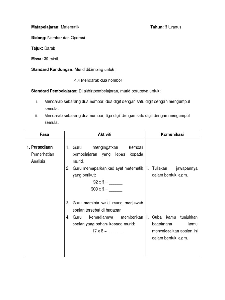 Rph Matematik Kssr Tahun 3 Mendarab Mgumpul Semula Pdf
