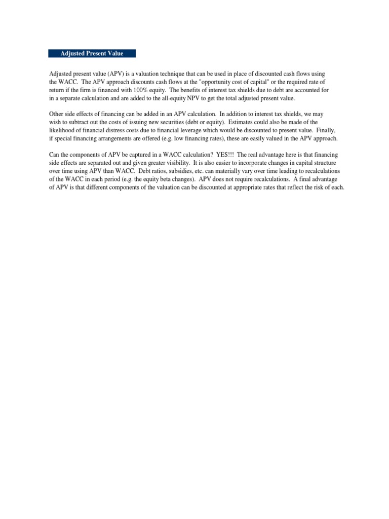 APV Example | PDF | Cost Of Capital | Valuation (Finance)