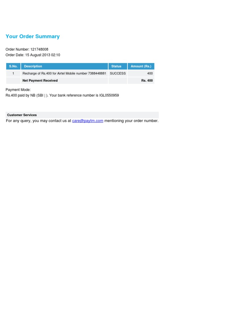Your Order Summary: Order Number: 121748008 Order Date: 15 August 2013 ...