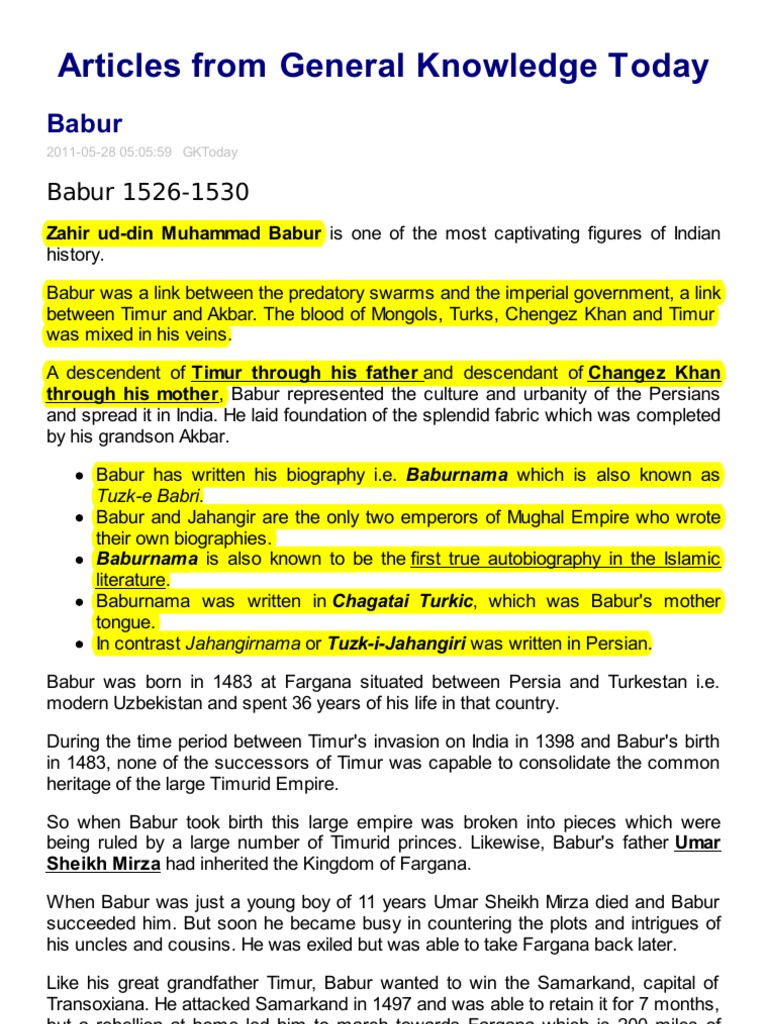 Babur: Founder of the Mughal Empire | PDF
