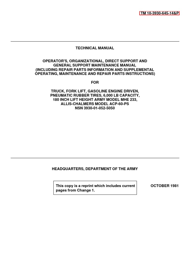 TM 10-3930-645-14&P ALLIS CHALMERS ACP-60-PS FORKLIFT TRUCK | Brake |  Steering
