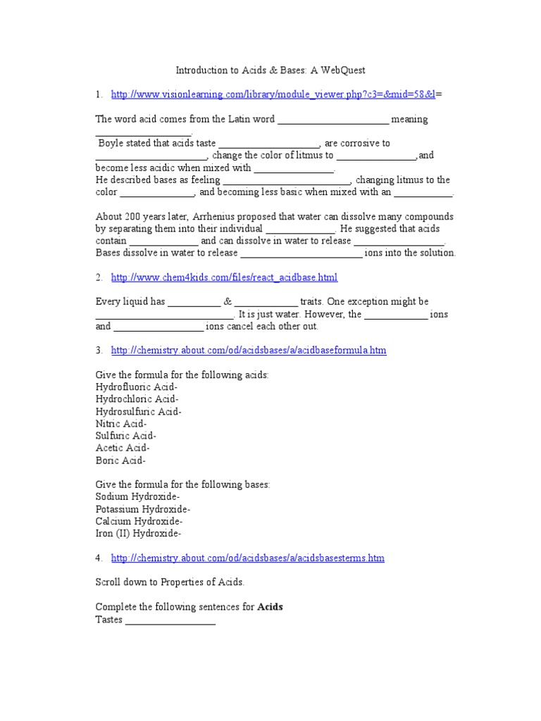 Acid Base Webquest Acid Ph