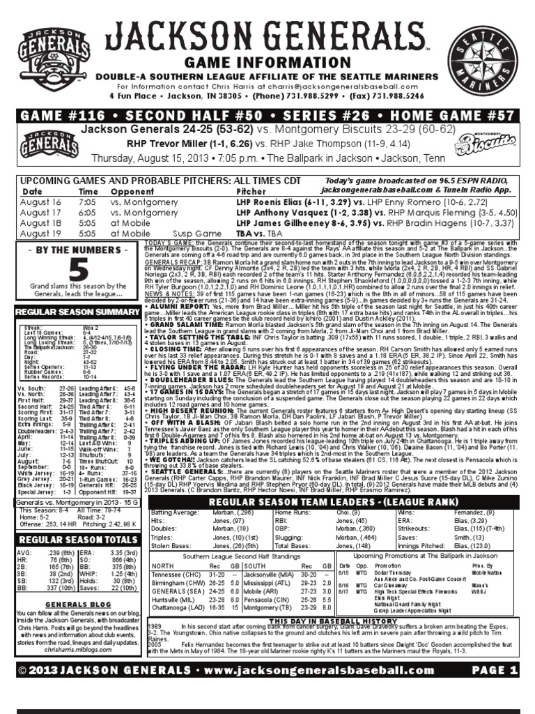 Game Notes 8-15 vs. Montgomery | PDF | Minor League Baseball | Ball Games