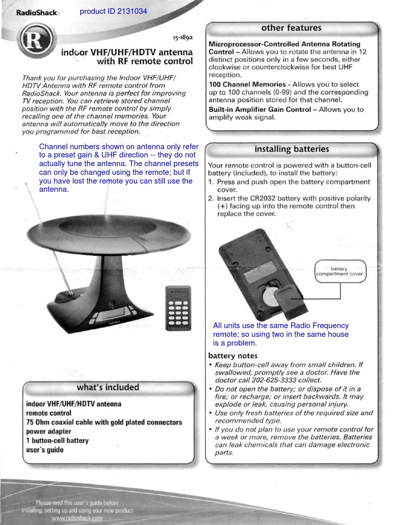 User Manual Radioshack 151892 Indoor VHF/UHF/HDTV Antenna With RF