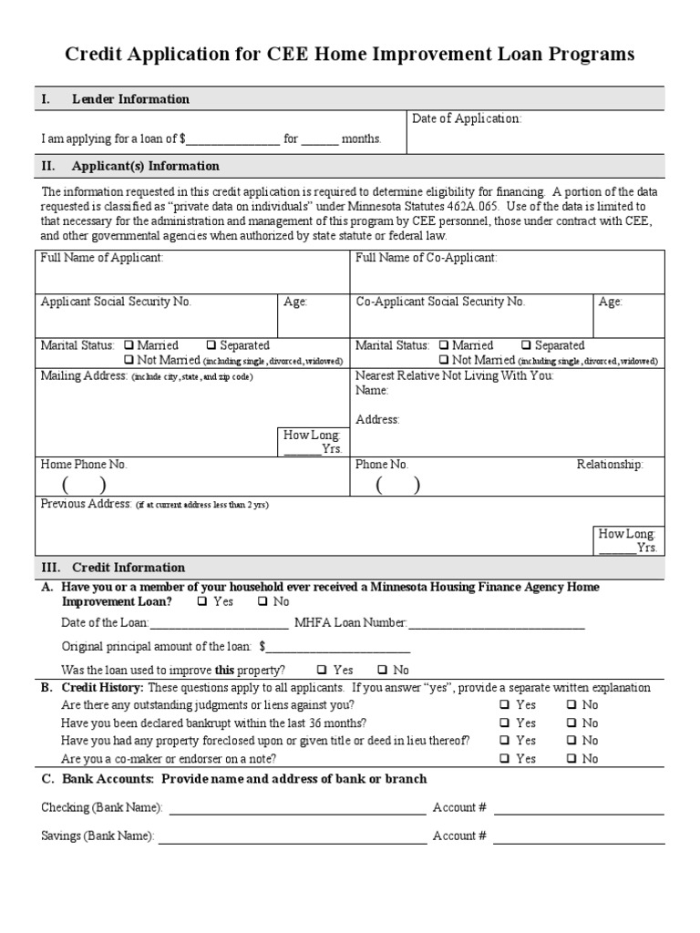 Credit Application For CEE Home Improvement Loan Programs: I. Lender ...