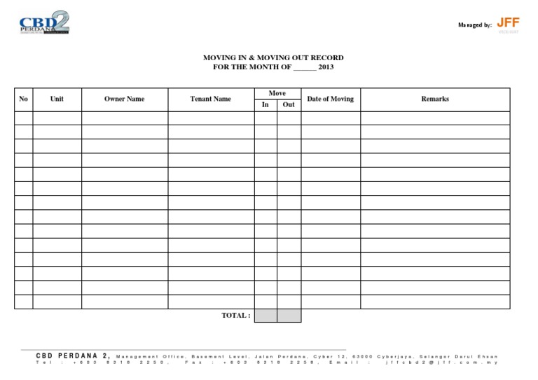 Moving in & Moving Out Record FOR THE MONTH OF - 2013 | PDF