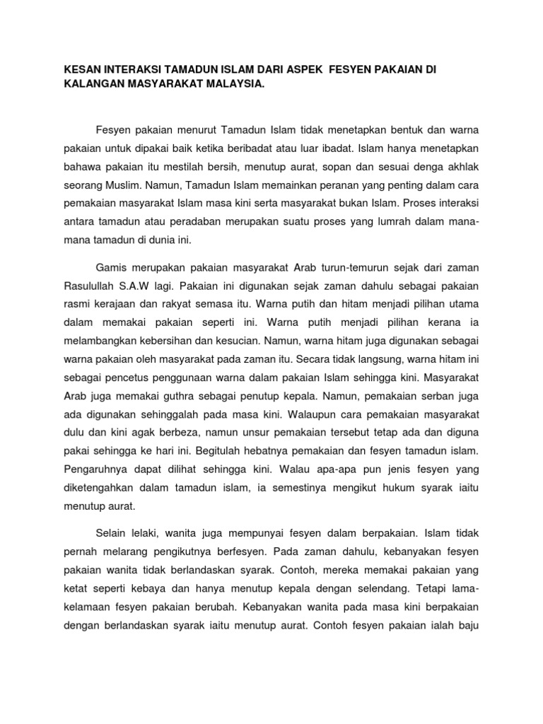 Kesan Interaksi Tamadun Islam Dari Aspek Fesyen Pakaian Di 