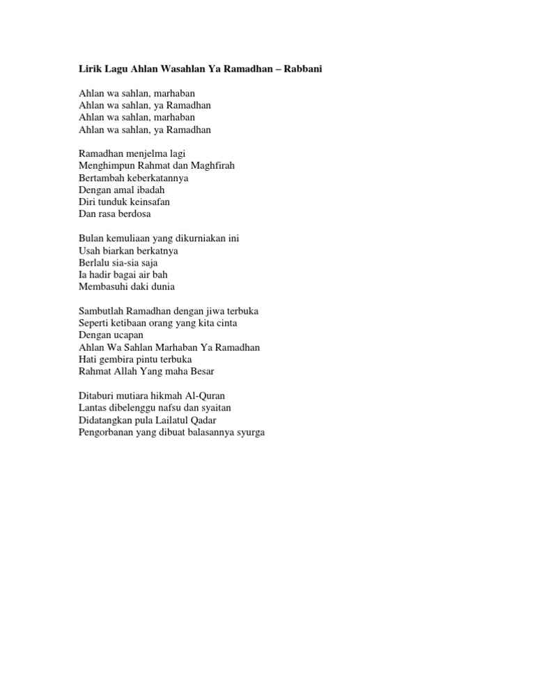 Lirik Lagu Ahlan Wasahlan Ya Ramadhan Pdf