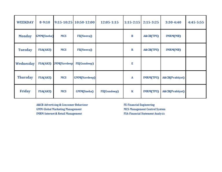 Weekly Class Schedule Overview | PDF