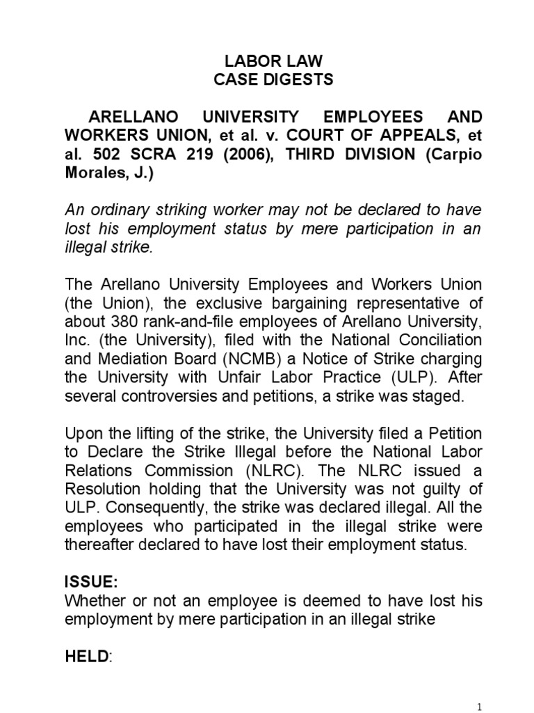 New Labor Law Case Digests PDF Strike Action Burden Of Proof (Law)