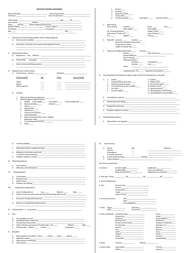 Pediatric Nursing Assessment Template | PDF | Breastfeeding | Medical ...