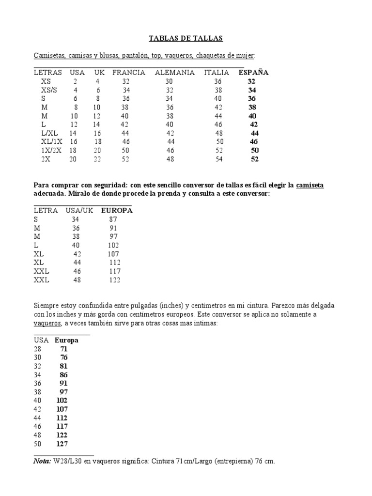 Conversor de Tallas de Ropa y Calzado | PDF | Ropa | Softlines (venta ...