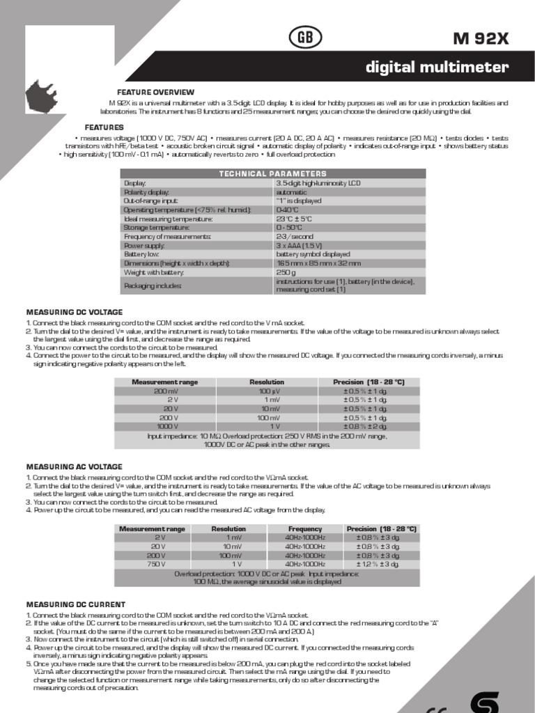 M 92X GB: Digital Multimeter | PDF