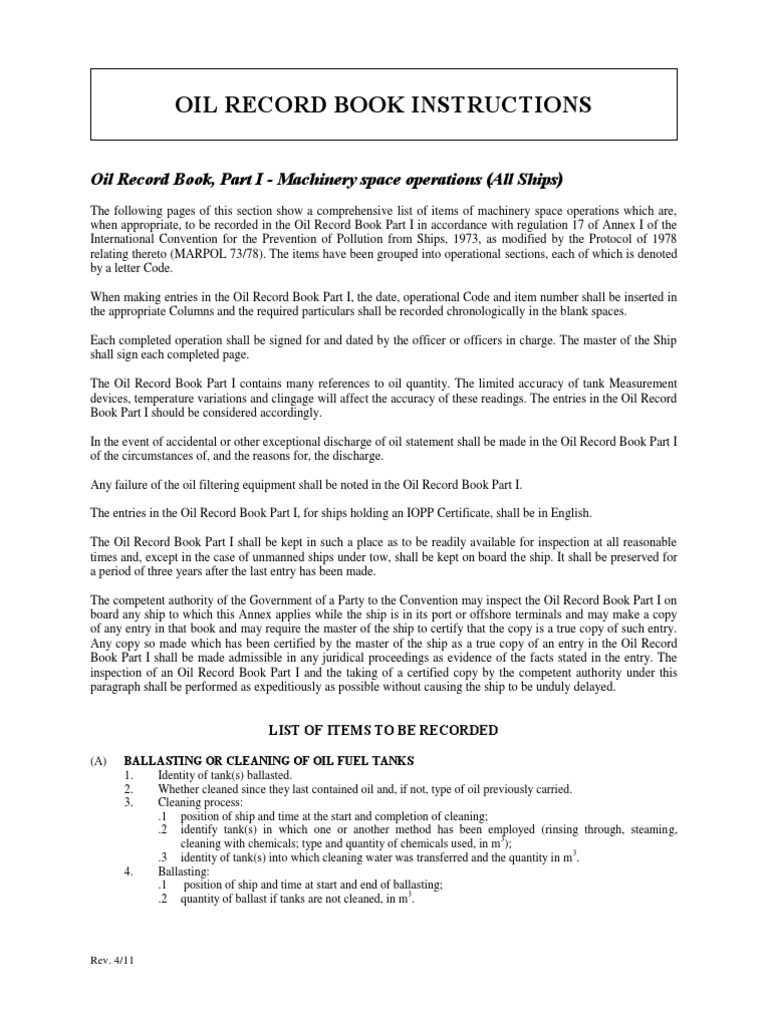 Oil Record Book Instructions PDF Oil Tanker Ships