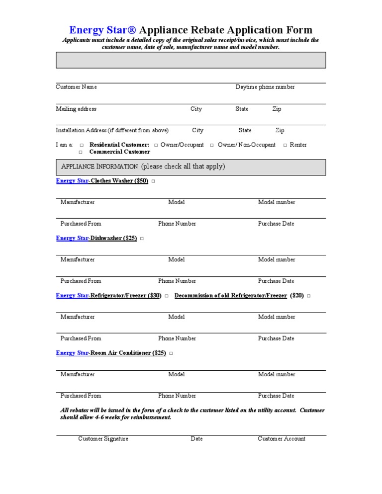 Energy Star Appliance Rebate Application Form PDF Rebate 