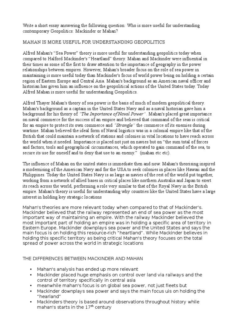 geography essay Alfred Thayer Mahan Geopolitics