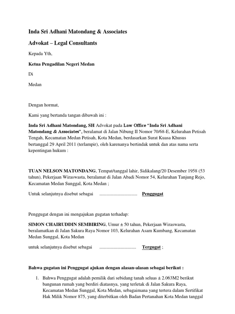 Contoh Gugatan Wanprestasi Jual Beli Tanah