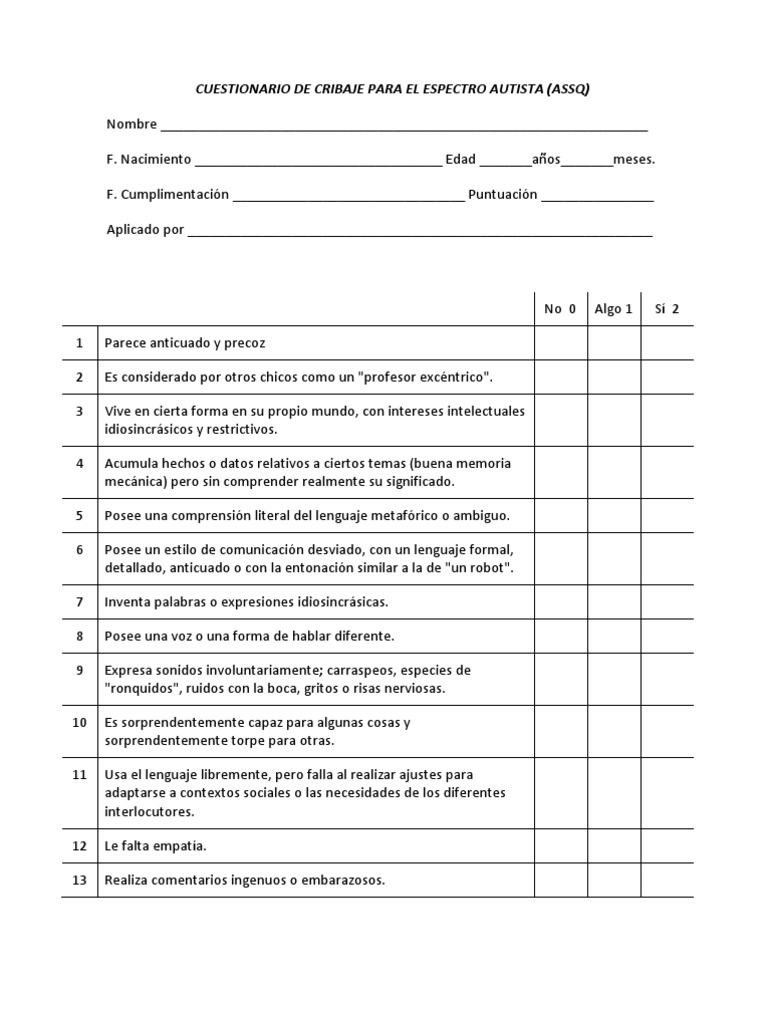 Cuestionario ASSQ para Autismo | PDF | Relaciones personales, crianza y ...