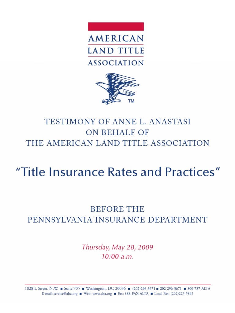 ALTA Testimony at PA Rate Hearing | Title Insurance | Insurance